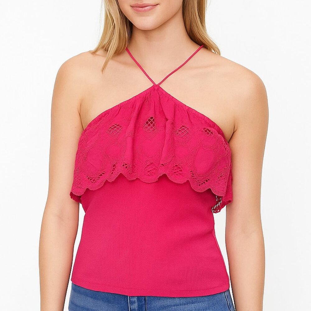 ANTHROPOLOGIE Crochet Ruffle Ribbed Halter Cami Top Hot Pink Lace Trimmed XS